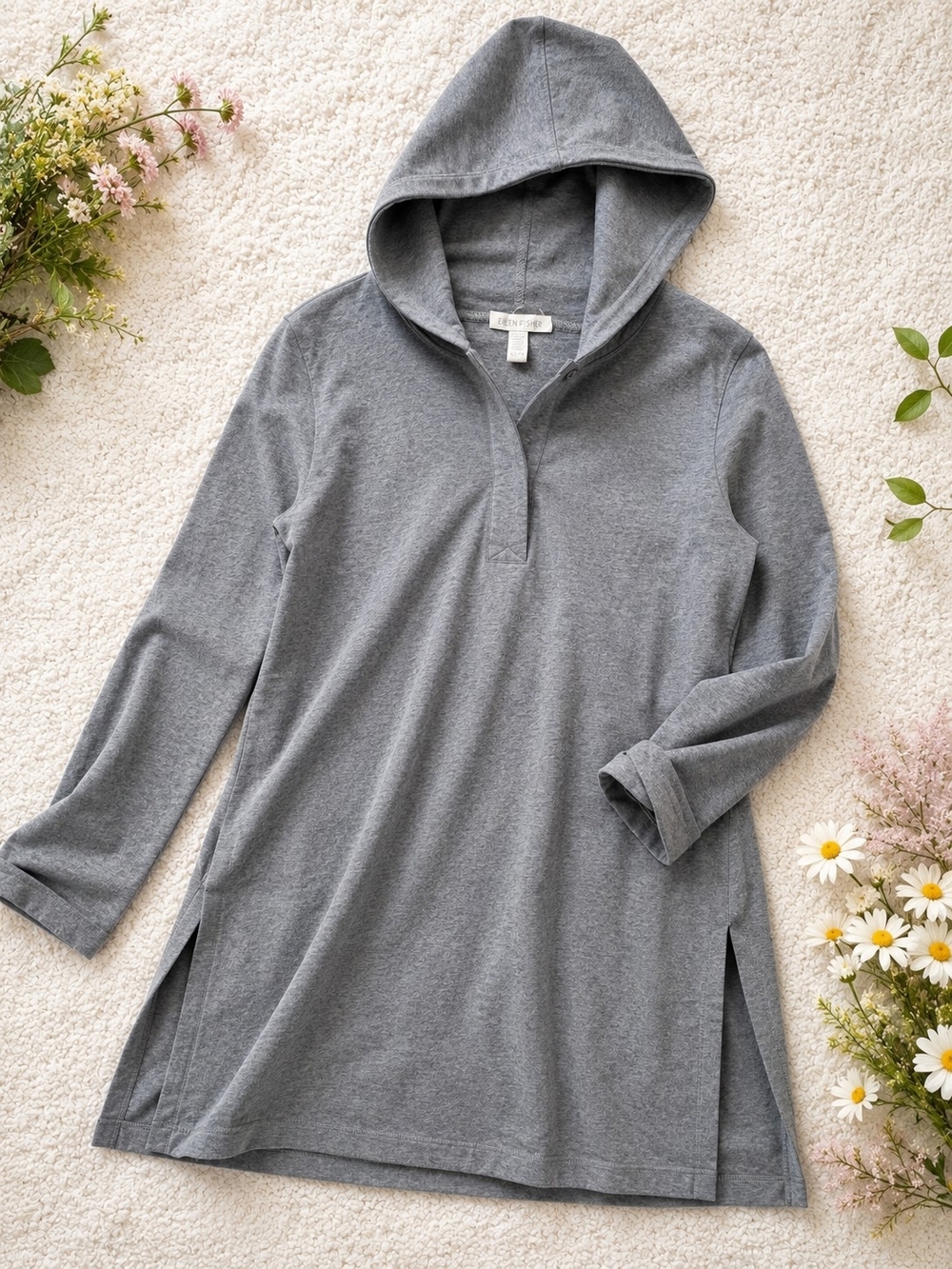 Eileen Fisher Gray Hooded Tunic Top Organic Cotton XS Soft Minimalist Casual